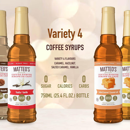 Matteo's Barista Style Sugar Free Coffee Syrup - 4 Flavor Variety Pack, No Calorie, Keto Friendly Coffee Syrups & Flavors, Delicious Flavor Coffee Syrup, Syrups For Coffee Drinks at Home & Work 25.4oz