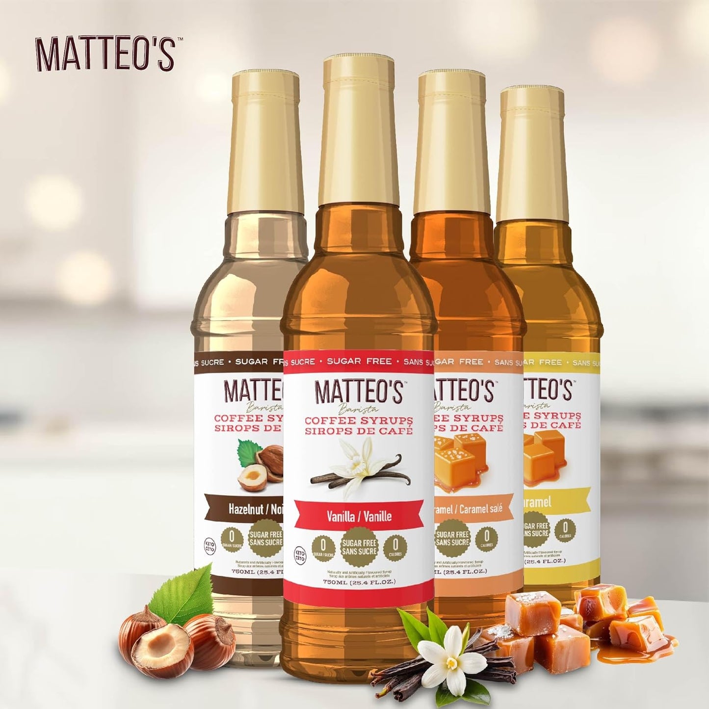 Matteo's Barista Style Sugar Free Coffee Syrup - 4 Flavor Variety Pack, No Calorie, Keto Friendly Coffee Syrups & Flavors, Delicious Flavor Coffee Syrup, Syrups For Coffee Drinks at Home & Work 25.4oz