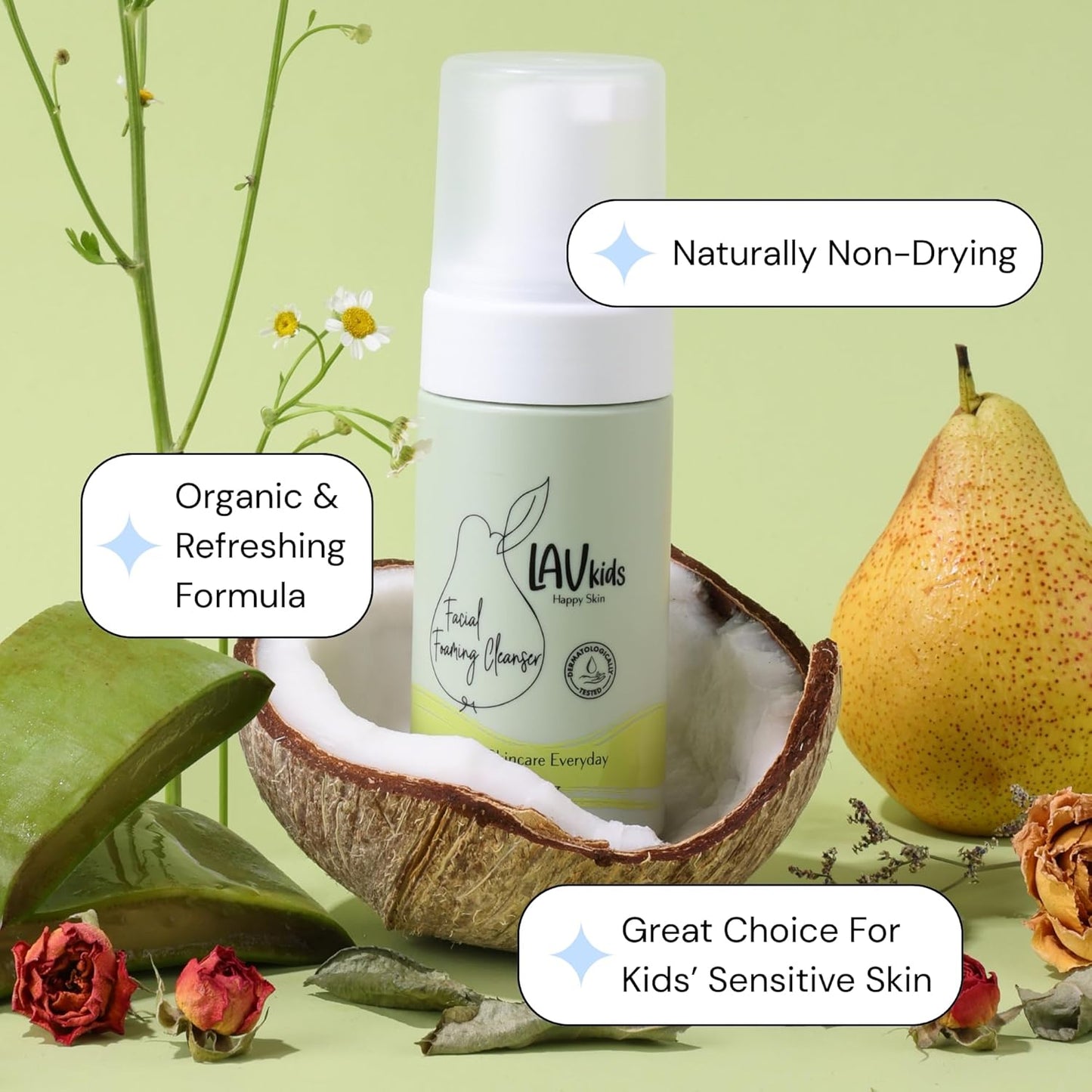 Lav Kids Foaming Facial Cleanser for refreshed, yet gentle scented skin, Soap free Kids & Baby facial cleanser, Dermatologically Tested Kids face wash for All Skin Types Including Sensitive Skin 100ml