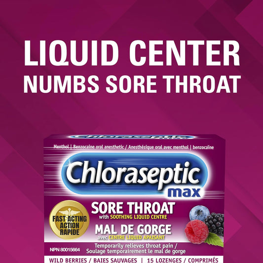 Chloraseptic 强效咽喉痛润喉糖，含舒缓液体中心 - 野生浆果，15 粒润喉糖
