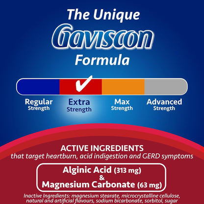 Gaviscon 強效口味爆裂片 - 60 片 - 可咀嚼的起泡抗酸片，可日夜緩解胃灼熱、胃酸倒流和胃食道逆流症，水果口味 - 不含鋁、乳糖和麩質