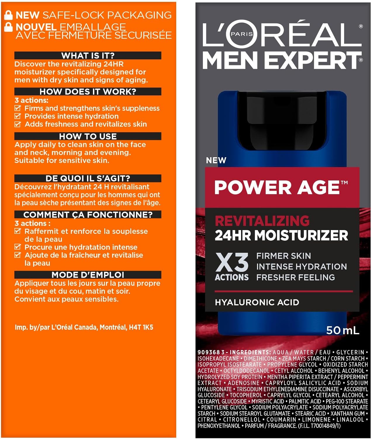 L’Oréal Paris Men Expert Face Cream Men with Hyaluronic Acid and Vitamins, Fights Signs of Aging, Power Age, Packaging May Vary, 50 mL