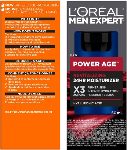 L’Oréal Paris Men Expert Face Cream Men with Hyaluronic Acid and Vitamins, Fights Signs of Aging, Power Age, Packaging May Vary, 50 mL