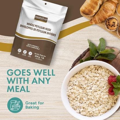 Rootalive - Whole Psyllium Husk, Psyllium Husk Whole Plant-Based Fibre for Digestive Support, Unflavored Superfood Powder with Soluble & Insoluble Fibre, Vegan, Gluten-Free, 454 grams