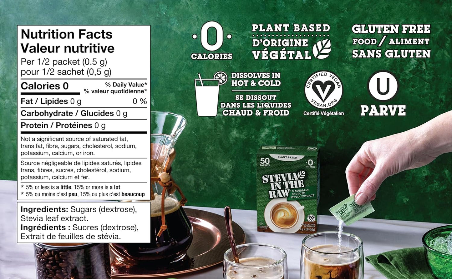 Stevia In The Raw - Zero-Calorie Natural Sweetener - Diabetic-Friendly, Gluten-Free, Kosher, Vegan - Ideal for Iced and Hot Coffee, Tea and Smoothies - 50 Packets