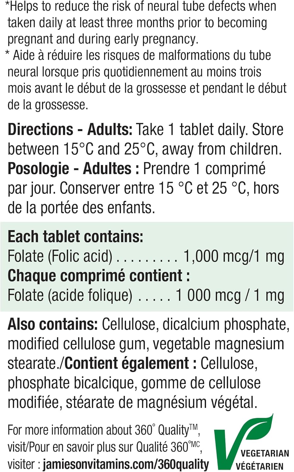Jamieson Folic Acid 1,000 mcg Tablets, Prenatal Supplement, Supports Normal Fetal Development, Helps Prevent Neural Tube Defects and Produce Red Blood Cells. Vegetarian, Non-GMO, Gluten-Free, 100 Count, Proudly Canadian