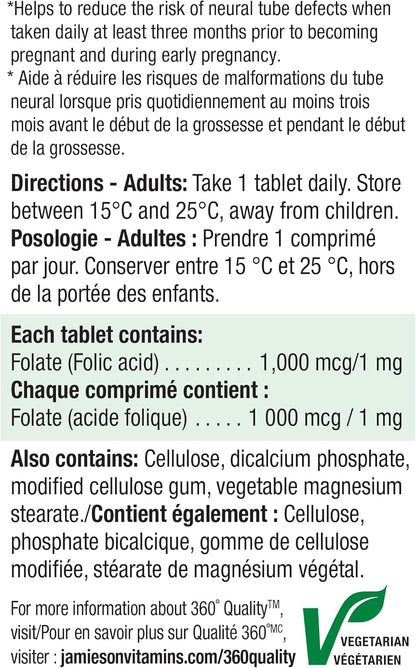 Jamieson Folic Acid 1,000 mcg Tablets, Prenatal Supplement, Supports Normal Fetal Development, Helps Prevent Neural Tube Defects and Produce Red Blood Cells. Vegetarian, Non-GMO, Gluten-Free, 100 Count, Proudly Canadian