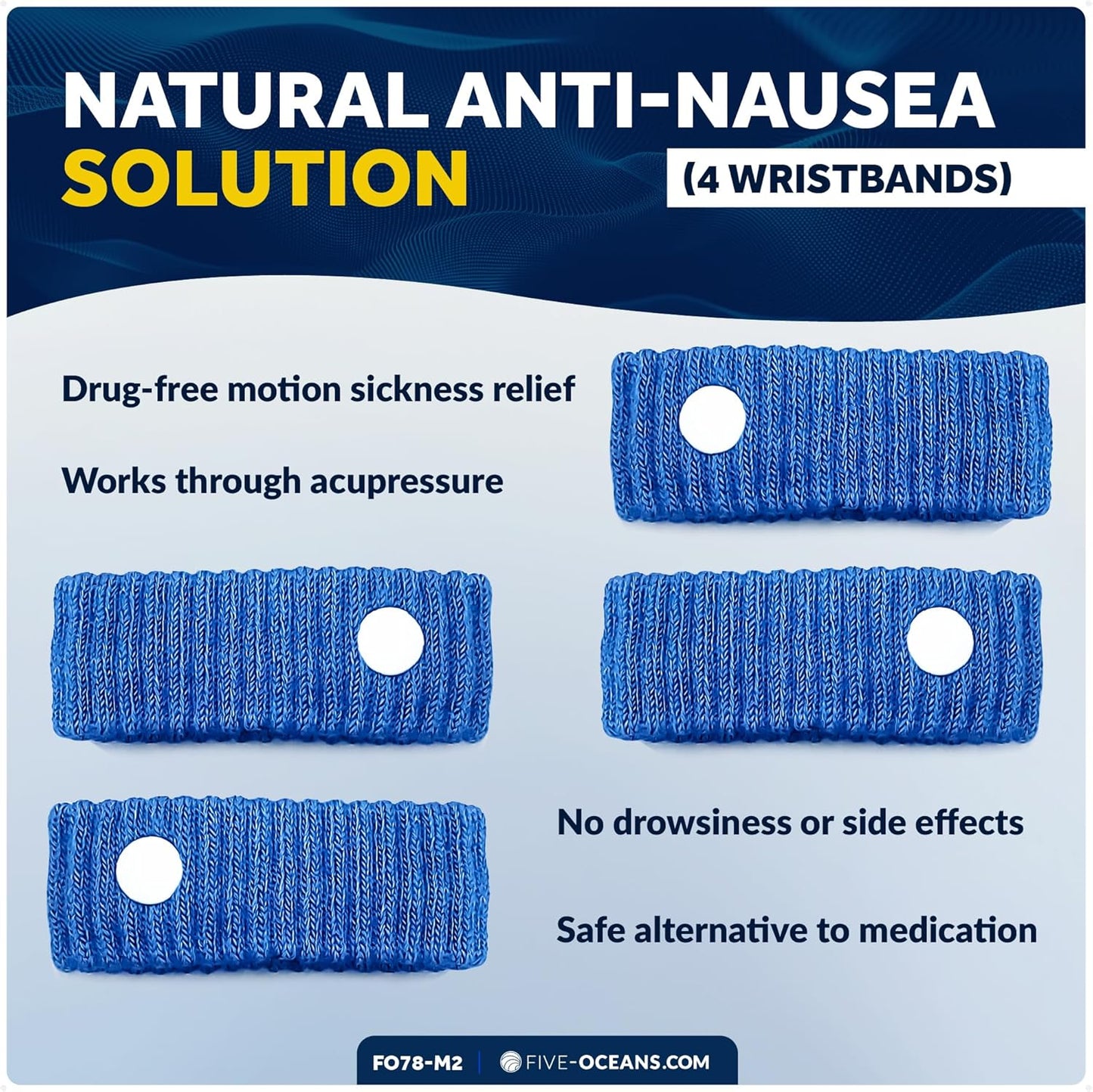 Five Oceans 暈船手環 - 暈船指壓腕帶，可自然緩解噁心、頭暈、嘔吐和暈動病 - 2 對（4 個腕帶） - FO78-M2