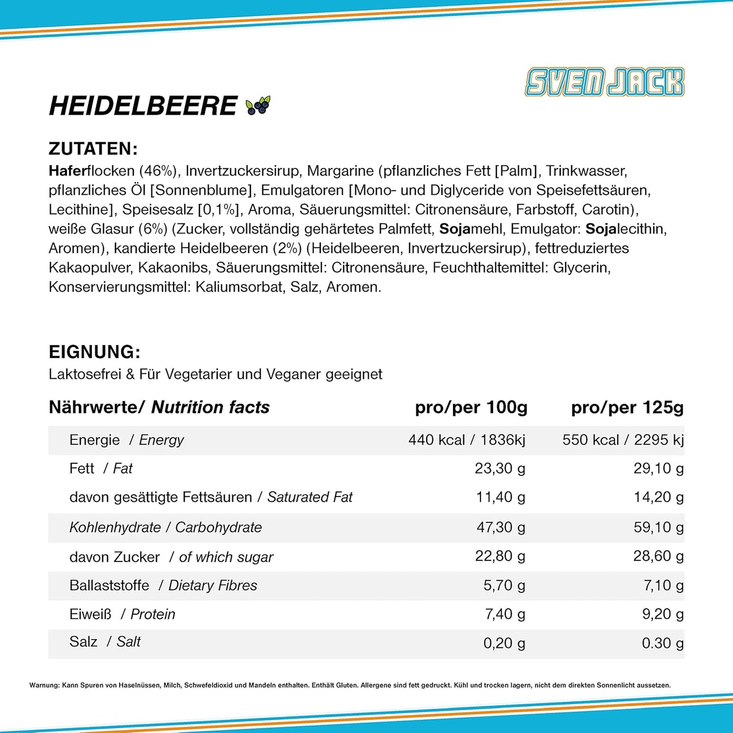 SvenJack Oat Bar Blueberry - 24 × 125g - Vegan Oatmeal Energy Bar with Blueberries, High‑Fibre, Low‑Sugar, Gluten‑Free Fruity Snack