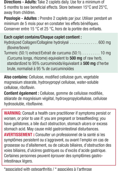 Jamieson 膠原蛋白薑黃複合物，含 600 毫克膠原蛋白，具有抗發炎作用，緩解關節疼痛，促進消化。不含麩質，不含人工色素、香精或防腐劑，60 粒膠囊，加拿大製造