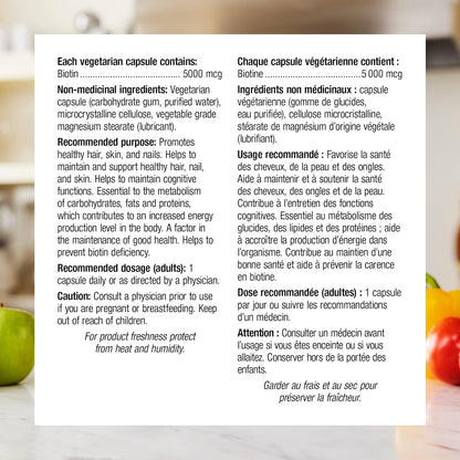 Webber Naturals Biotin 5000 mcg, 60 Vegetarian Capsules, Supports Healthy Hair, Skin & Nails, Energy Metabolism, Vegan