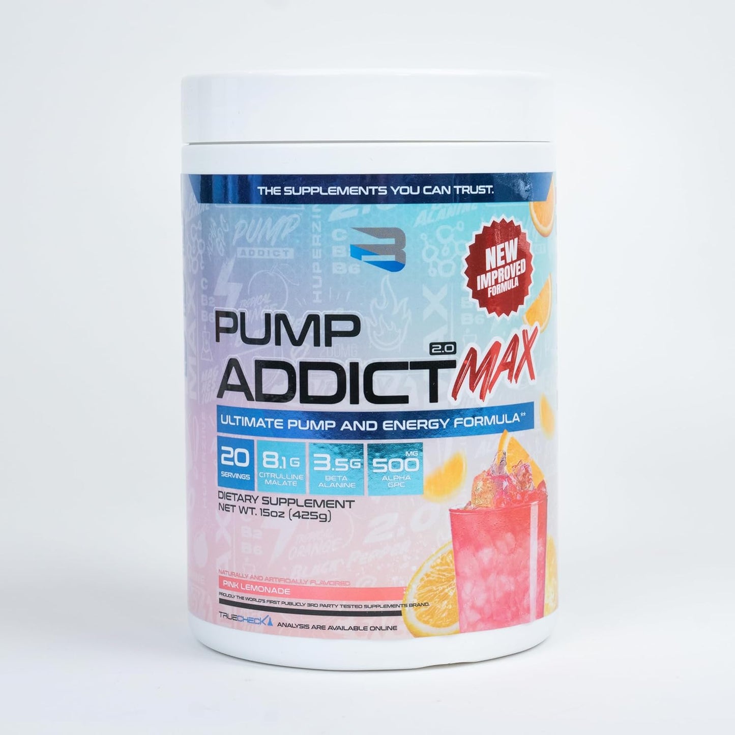 Believe Supplements - Pump Addict Max 锻炼前粉末 - 增强能量、注意力和耐力（425 克，粉红柠檬水）