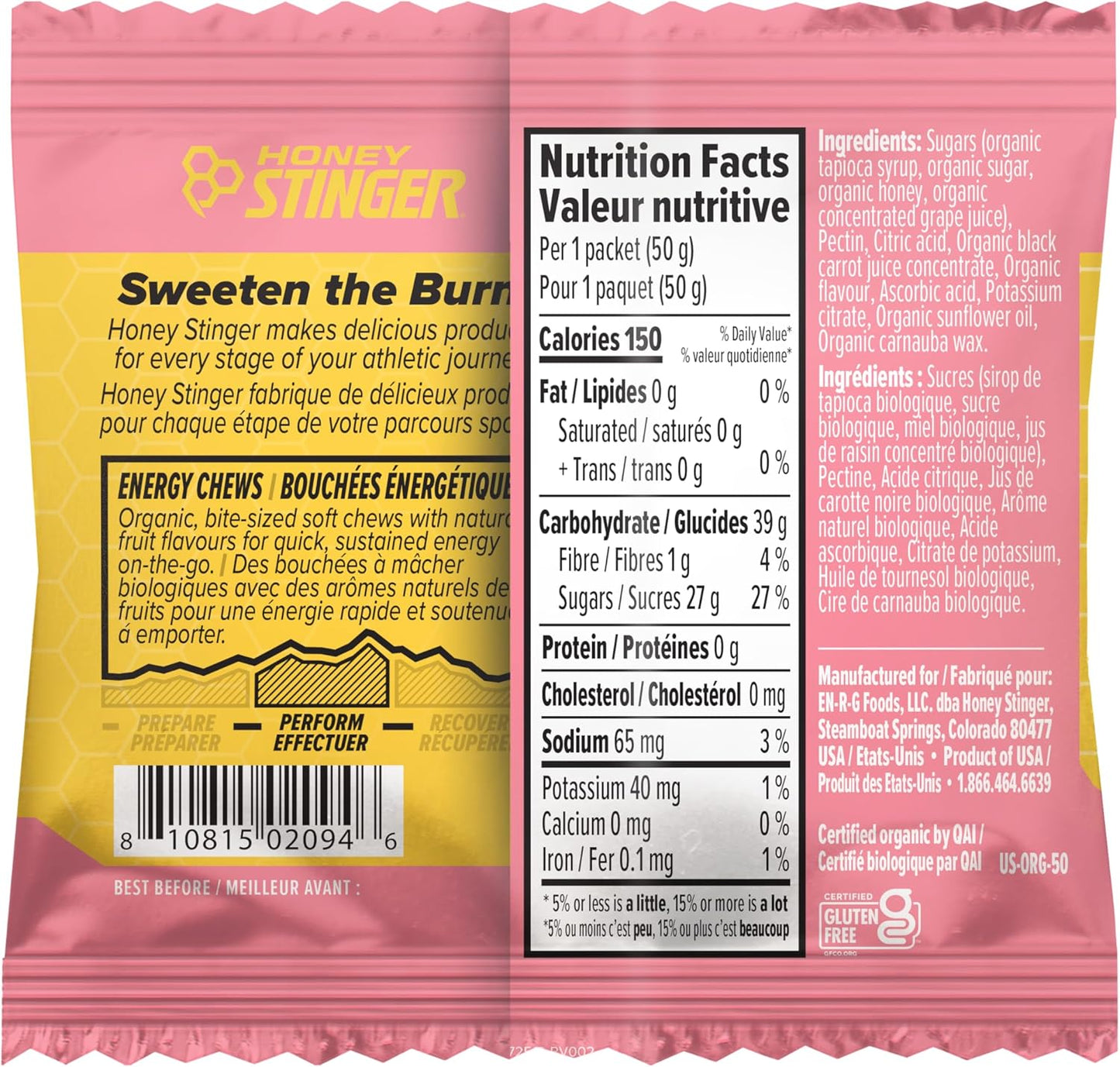 Honey Stinger Organic Pink Lemonade Energy Chew | Gluten Free & Caffeine Free | For Exercise, Running and Performance | Sports Nutrition for Home & Gym, Pre and Mid Workout | 12 Pack, 50g