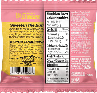 Honey Stinger Organic Pink Lemonade Energy Chew | Gluten Free & Caffeine Free | For Exercise, Running and Performance | Sports Nutrition for Home & Gym, Pre and Mid Workout | 12 Pack, 50g