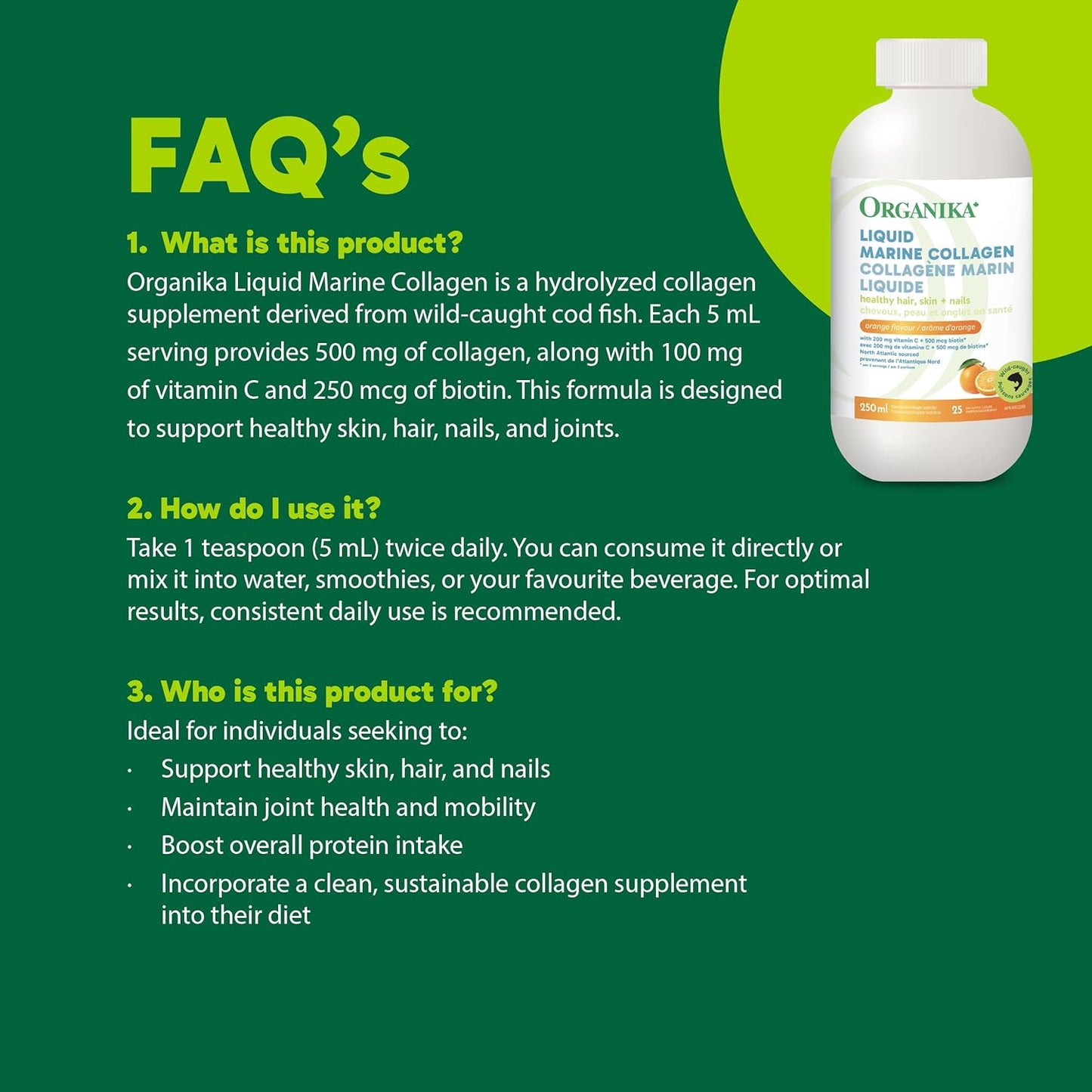 Organika Canadian-Made Liquid Marine Collagen - with Added Vitamin C and Biotin - Orange Flavour- 250ml