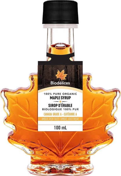 Biodélices - Pure Organic Maple Syrup 100ml - Grade A - Amber Rich Taste - Quebec's Finest in Elegant Maple Leaf Bottle - Ideal for Pancakes, Waffles Desserts, Baking Yogurt, Oatmeal & Salad Dressings