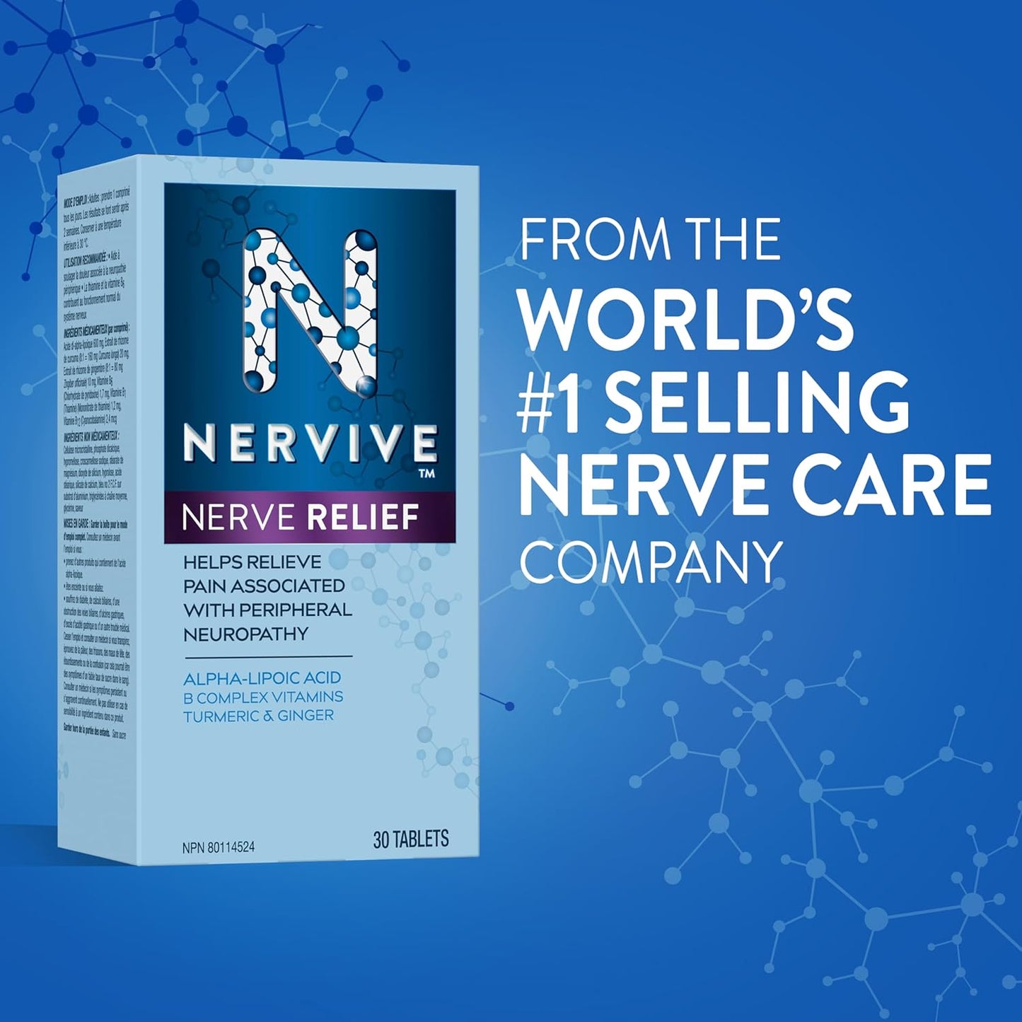 Nervive 神经舒缓片，有助于缓解周围神经病变引起的疼痛，α-硫辛酸 ALA，维生素 B1-硫胺素、B6 和 B12，姜黄，生姜，30 天用量，30 片