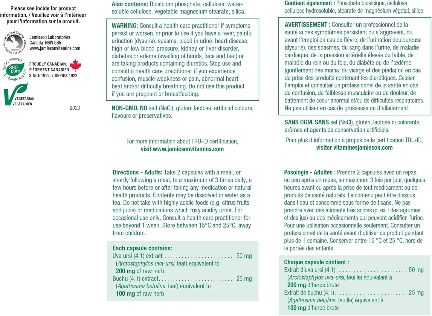 Jamieson 利尿草本複合物，蘊含熊果，有助於緩解體液滯留和輕微尿路感染相關症狀。非基因改造，無麩質，60 粒素食膠囊，加拿大製造