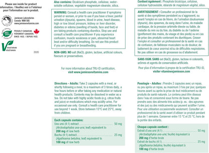 Jamieson 利尿草本複合物，蘊含熊果，有助於緩解體液滯留和輕微尿路感染相關症狀。非基因改造，無麩質，60 粒素食膠囊，加拿大製造