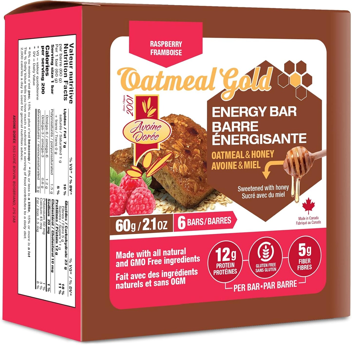 Oatmeal & Honey Protein - Energy Bar, Gluten Free Snack, High in Fiber, Raspberry, 60g Bar (6 count)