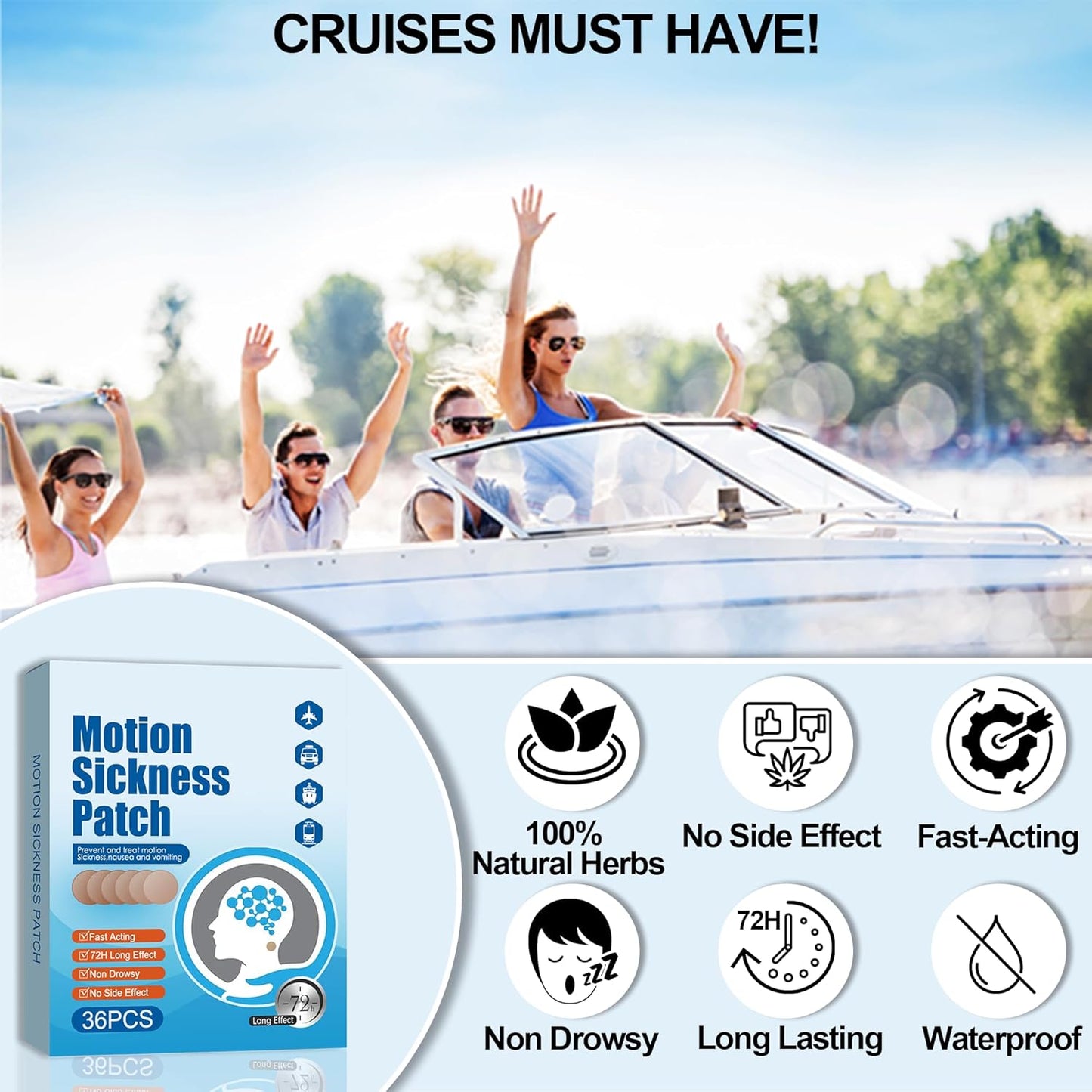 晕车贴 - 缓解头晕、眩晕和恶心 - 适用于游轮、汽车、游船和飞机旅行的晕车贴，36 片装耳后晕车贴，适用于成人和儿童