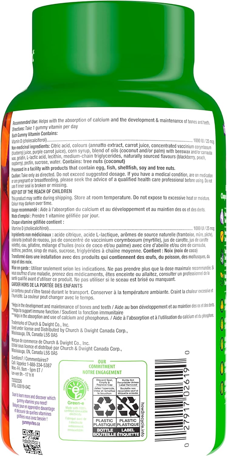 Vitafusion D3 成人維生素軟糖，1000 IU 維生素 D3 每日劑量，支持骨骼和牙齒*，150 粒，5 個月用量，包裝可能有所不同