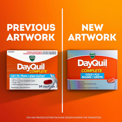 Vicks DayQuil 完全缓解感冒和流感症状及鼻塞液体胶囊，白天不瞌睡，缓解 9 种症状，36 粒