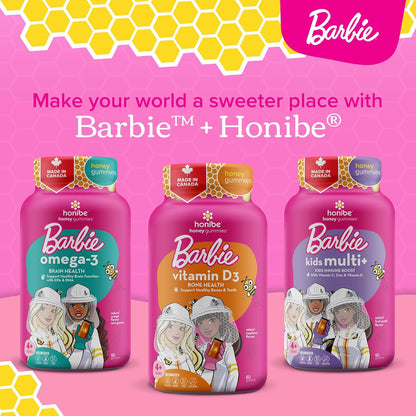 Honibe 维生素 D 软糖，适合儿童和成人，芭比，加拿大制造的蜂蜜维生素，维生素 D3 有助于支持骨骼健康、情绪和免疫系统功能，60 粒软糖