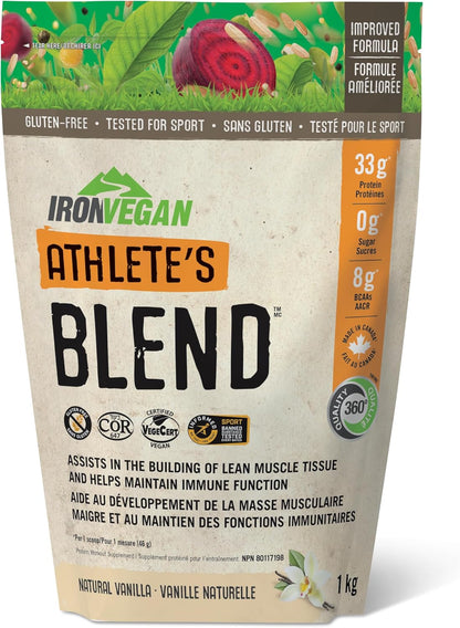 Iron Vegan Athlete's Blend Protein Powder Natural Vanilla, Assists in Building Lean Muscle Tissue. With 33g of Plant Protein and 8g of Vegan BCAAs, Non-GMO, Vegan, Gluten-Free, Canadian-Made, 1kg