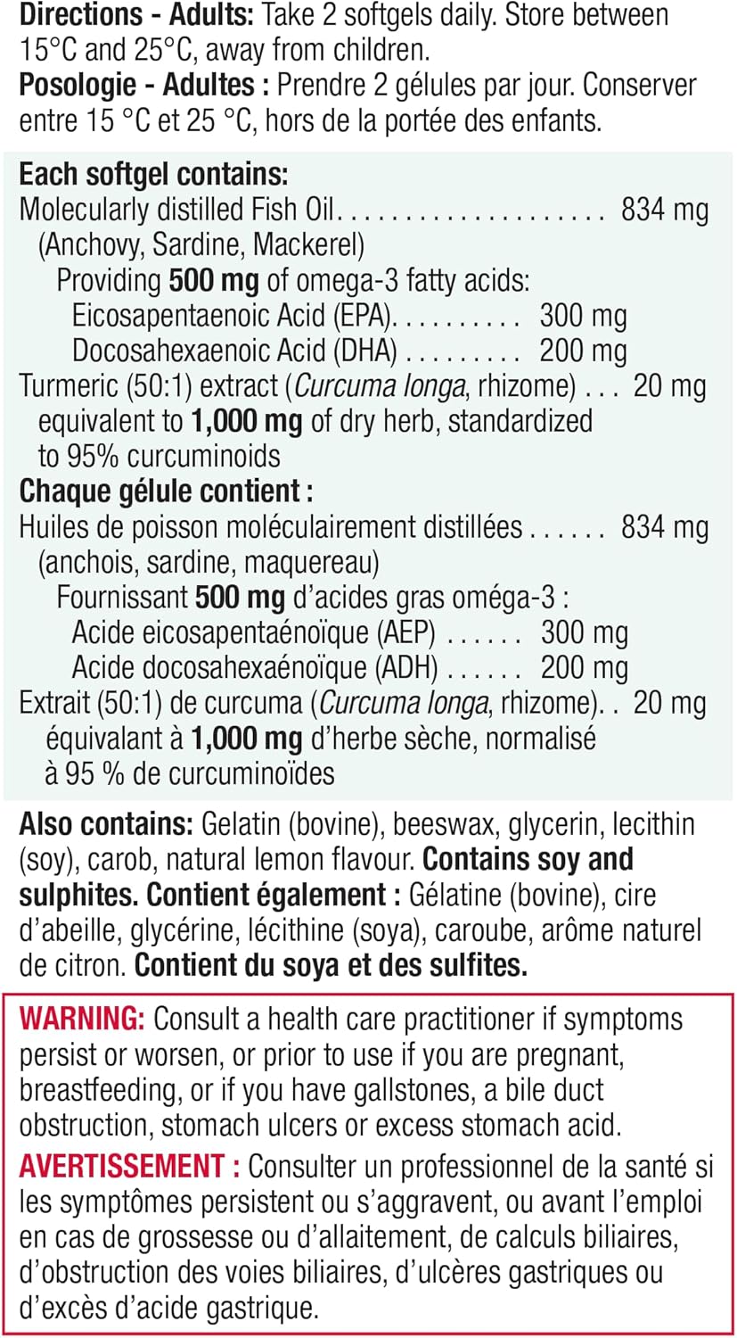 Jamieson Omega-3 + 姜黄软胶囊，无鱼腥味，支持心脏、大脑和关节健康。鱼油，降低胆固醇，缓解炎症，富含EPA和DHA，无麸质，75粒装，加拿大制造