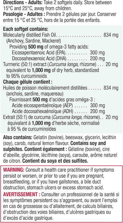 Jamieson Omega-3 + 姜黄软胶囊，无鱼腥味，支持心脏、大脑和关节健康。鱼油，降低胆固醇，缓解炎症，富含EPA和DHA，无麸质，75粒装，加拿大制造