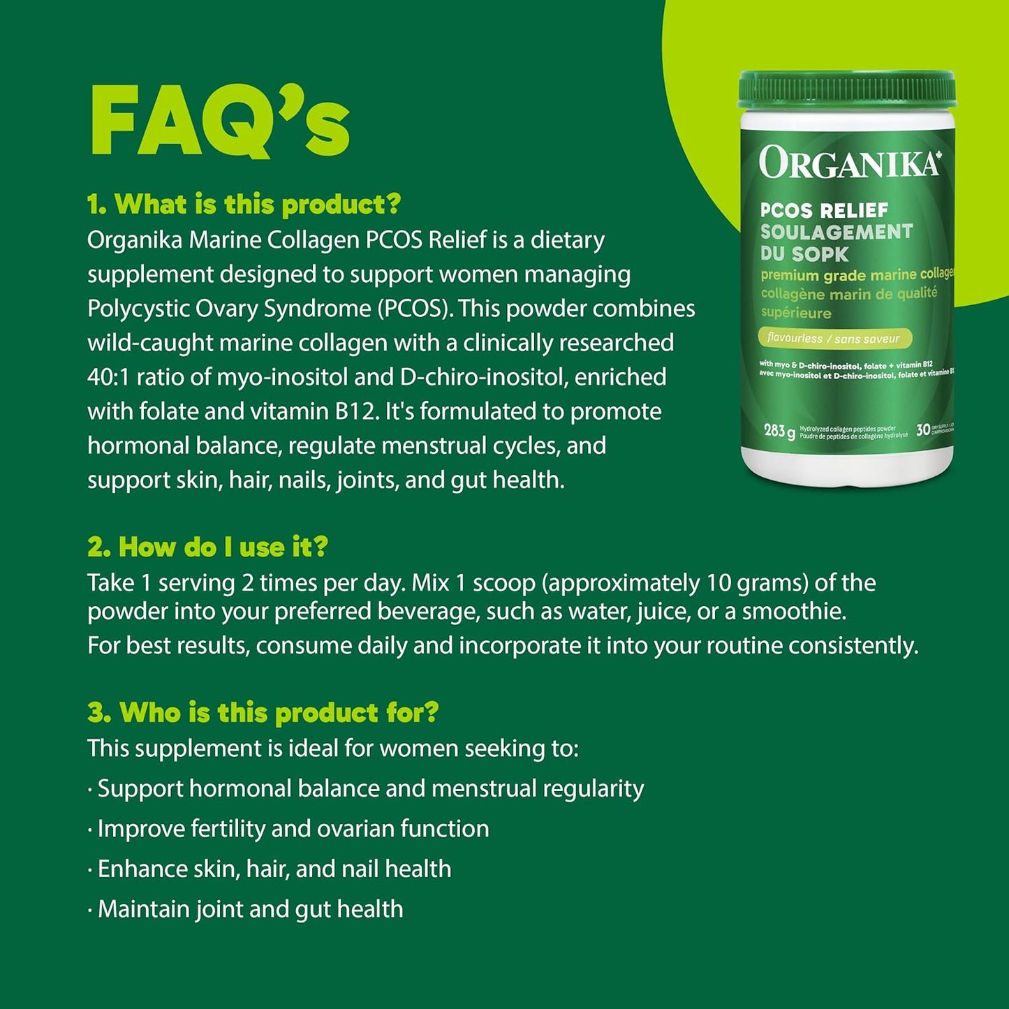 Organika Canadian-Made Marine Collagen PCOS Relief Powder - Clinically Researched 40:1 Inositol Blend, Folate, B12 - Helps support Hormone Balance, Menstrual Cycle and Fertility - 283g