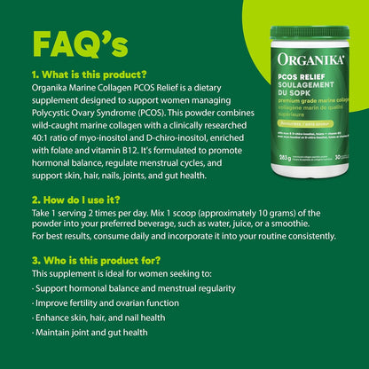 Organika Canadian-Made Marine Collagen PCOS Relief Powder - Clinically Researched 40:1 Inositol Blend, Folate, B12 - Helps support Hormone Balance, Menstrual Cycle and Fertility - 283g