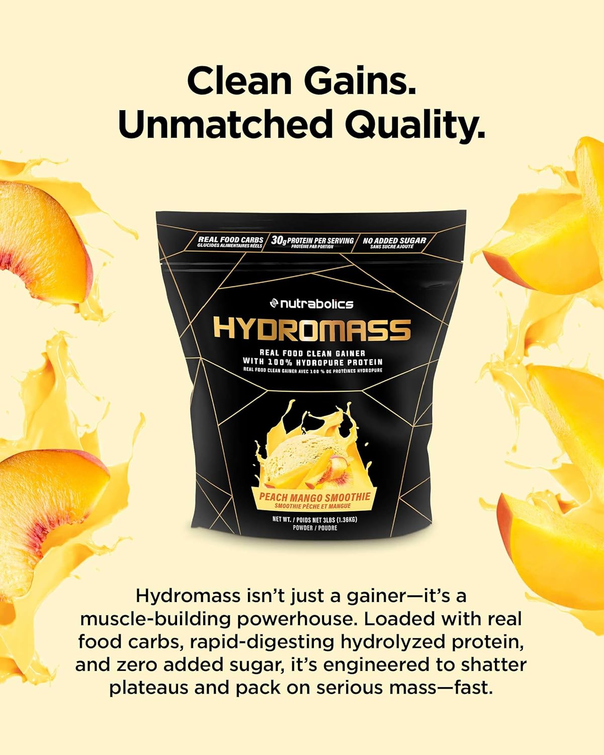 Hydromass 真食物清洁增肌粉，有机碳水化合物来源和水解乳清分离蛋白，桃芒果冰沙，3磅