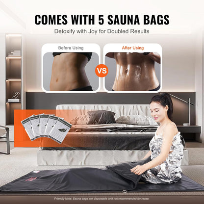 VEVOR 排毒桑拿毯，家用便携式远红外桑拿，带臂孔，舒适度高，1-6 级可调温度范围 95-185℉，1-60 分钟定时器，碳纤维加热