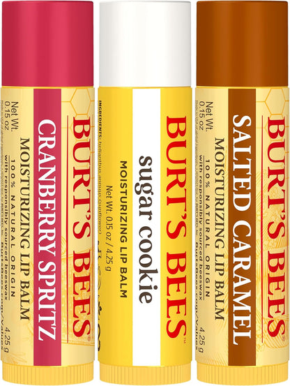 Burt's Bees 100% 天然保湿润唇膏，适用于干燥皲裂的嘴唇，令双唇柔软水润 - 3 支装 - （舒适季节）糖饼干、蔓越莓喷雾、咸焦糖