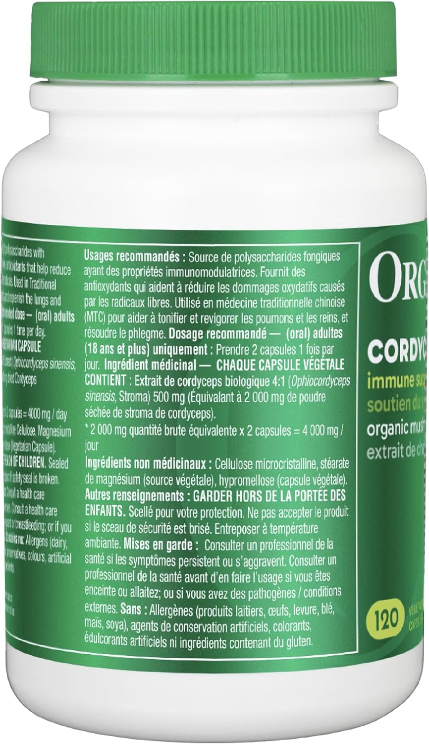 Organika Cordyceps Mushroom- Organic 500mg 4:1 Extract- Immune Support, Antioxidant Support- 120vcaps