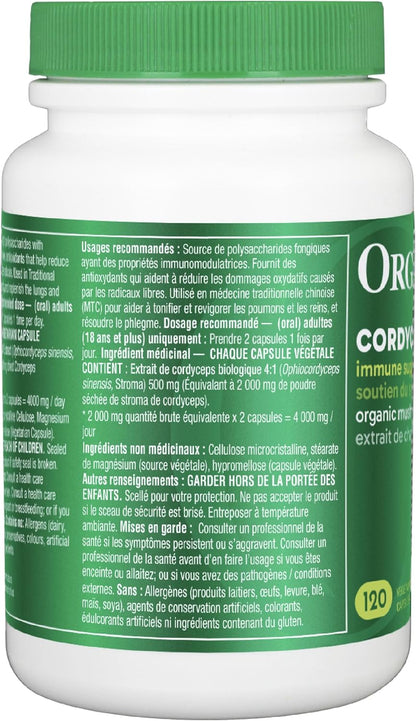 Organika Cordyceps Mushroom- Organic 500mg 4:1 Extract- Immune Support, Antioxidant Support- 120vcaps