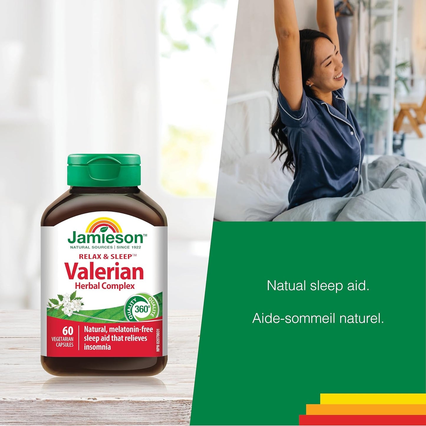 Jamieson 舒缓睡眠草本复合物，含缬草、西番莲和啤酒花，不含褪黑素。天然助眠镇静成分，非转基因，无麸质，60粒素食胶囊，加拿大制造