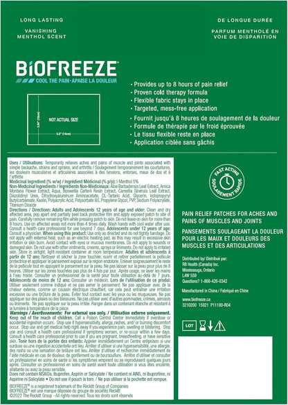 Biofreeze Patches (5 Large Size), Penetrating Pain Relief for Sore Muscles, Arthritis, Backaches, and Sore Joints, Fast Acting, Long Lasting, Cooling Menthol Formula, Mess Free Application, Flexible Fabric for Comfort,