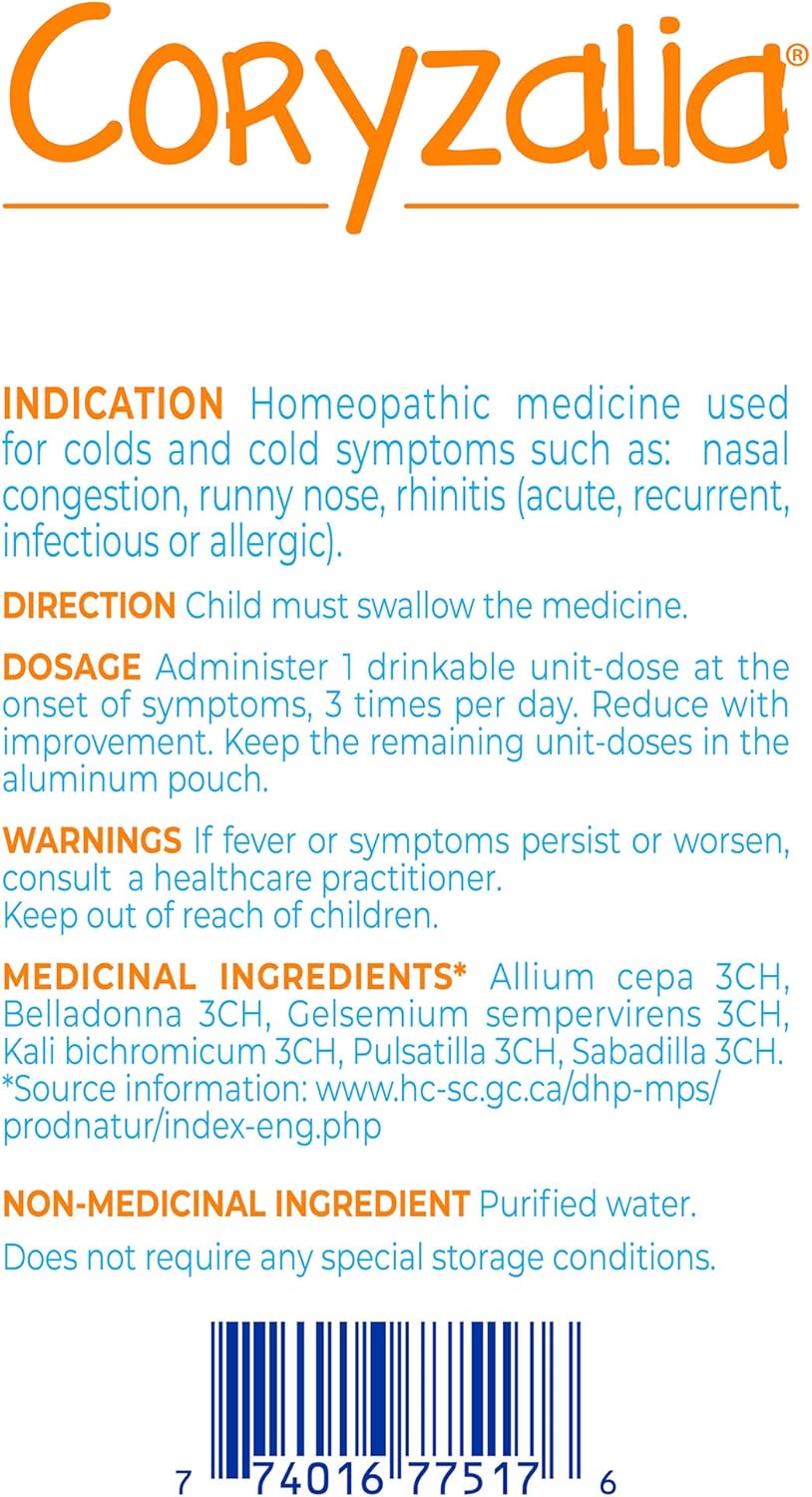 Boiron Coryzalia，30 剂。婴儿感冒缓解滴剂，用于缓解打喷嚏、流鼻涕和鼻塞，不引起困倦，无菌一次性液体口服剂，30 支（1 包）