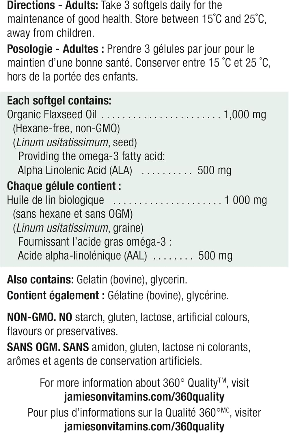 Jamieson 亚麻籽油 1,000 毫克软胶囊，加量装，亚麻籽油，提供 500 毫克 Omega-3、ALA、非转基因、无麸质，200 粒，加拿大制造