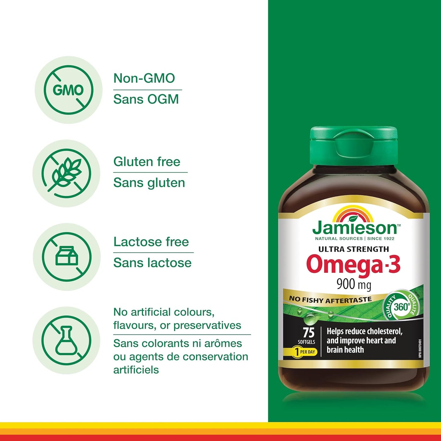 Jamieson 強效 Omega-3 900 毫克，無魚腥味，支持心臟、大腦和眼睛健康，緩解關節炎。高效力，富含 EPA 和 DHA，非基因，無麩質，75 粒軟膠囊，加拿大製造