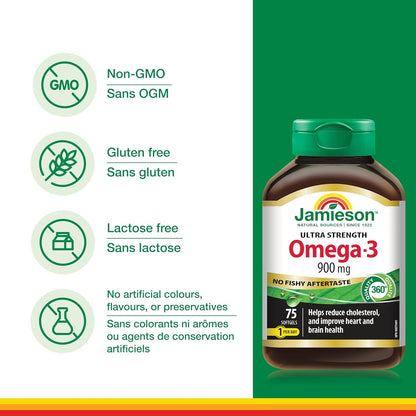 Jamieson 強效 Omega-3 900 毫克，無魚腥味，支持心臟、大腦和眼睛健康，緩解關節炎。高效力，富含 EPA 和 DHA，非基因，無麩質，75 粒軟膠囊，加拿大製造