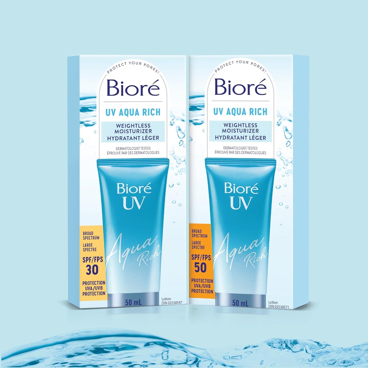 Bioré UV Aqua Rich Weightless Moisturizer with SPF 50 | Dermatologist Tested Face Cream with Invisible UV Protection | 50mL | Made in Canada