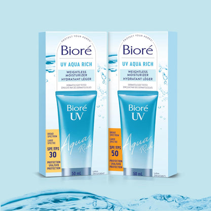 Bioré UV Aqua Rich 轻盈保湿霜（SPF 30）| 经皮肤科医生测试，具有隐形紫外线防护功能的面霜 | 50毫升 | 加拿大制造