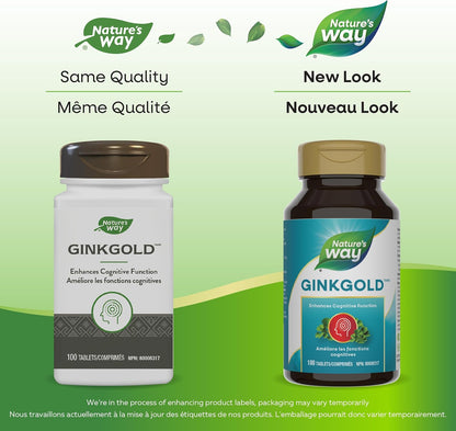 Nature's Way 銀杏金 - 成人認知功能和記憶力支持補充劑 - 外周循環 - 採用銀杏葉製成 - 標準化提取物 - 100 片素食片