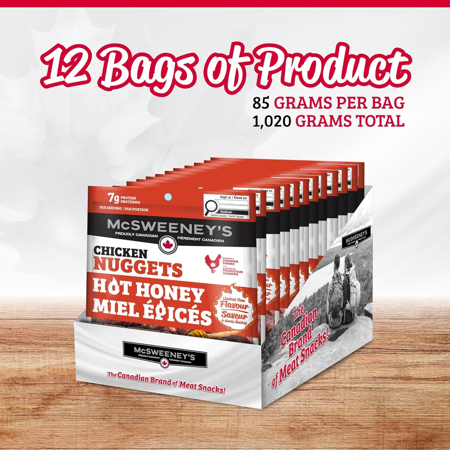 McSweeney’s Hot Honey Chicken Nuggets, Naturally Smoked, Gluten Free, Lactose and Soy Friendly, 7g Protein Per Serving, High Protein Snack Made in Canada, 12 Pack, 1020g (12 x 85g)