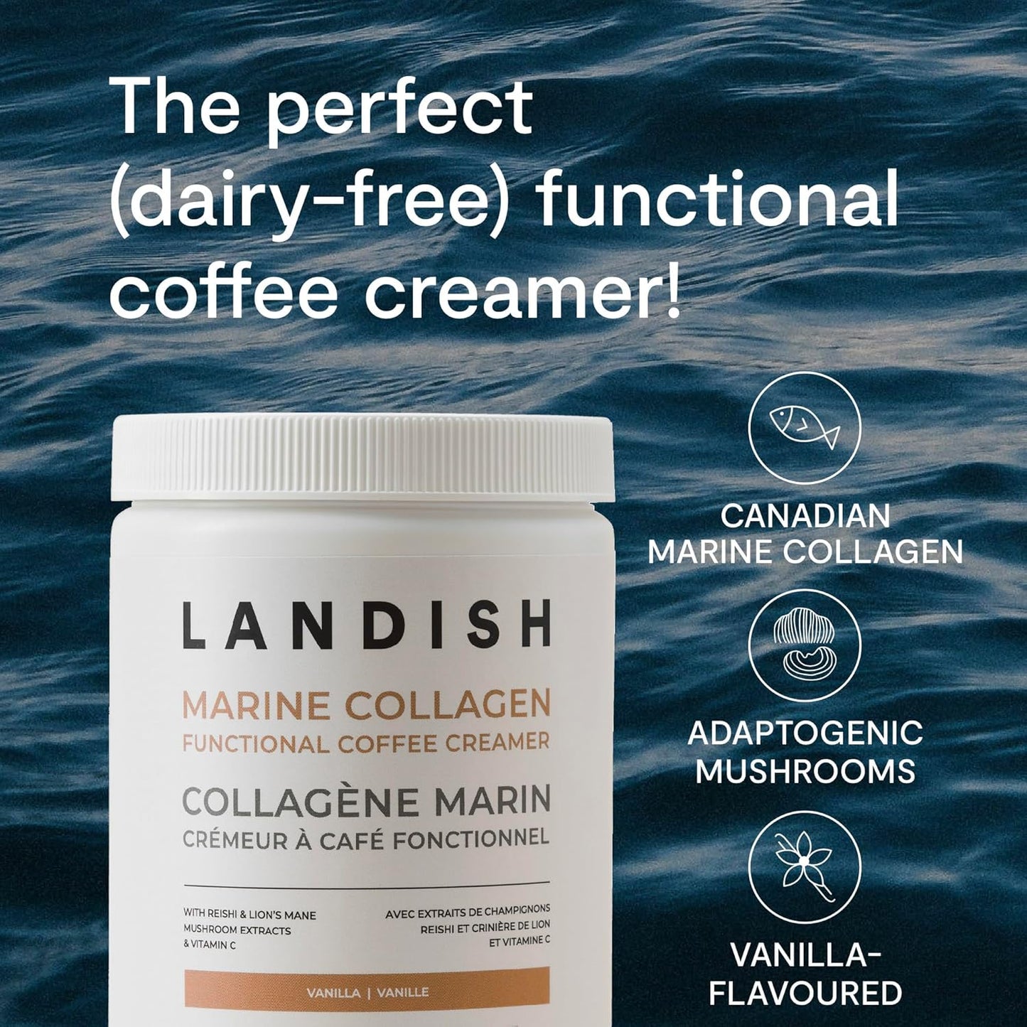 Landish 海洋膠原蛋白咖啡奶精粉 - 野生海洋膠原蛋白、靈芝、獅鬃菇和維生素 C - 有益於皮膚、頭髮和指甲，促進關節和免疫健康 - 香草味 - 不含乳製品、不含麩質、不添加糖…