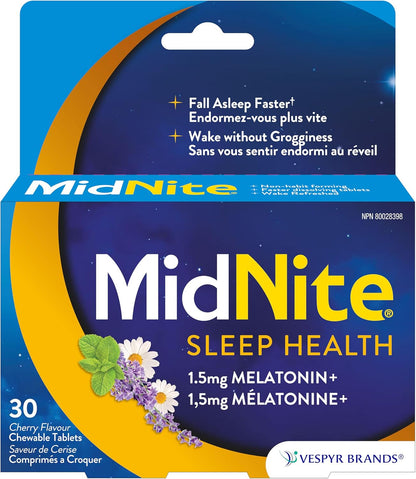 MidNite 天然助眠咀嚼片 - 櫻桃口味 | 含褪黑素、洋甘菊、薰衣草和檸檬香脂 | 緩解偶發性失眠 | 不易成癮 | 30 片